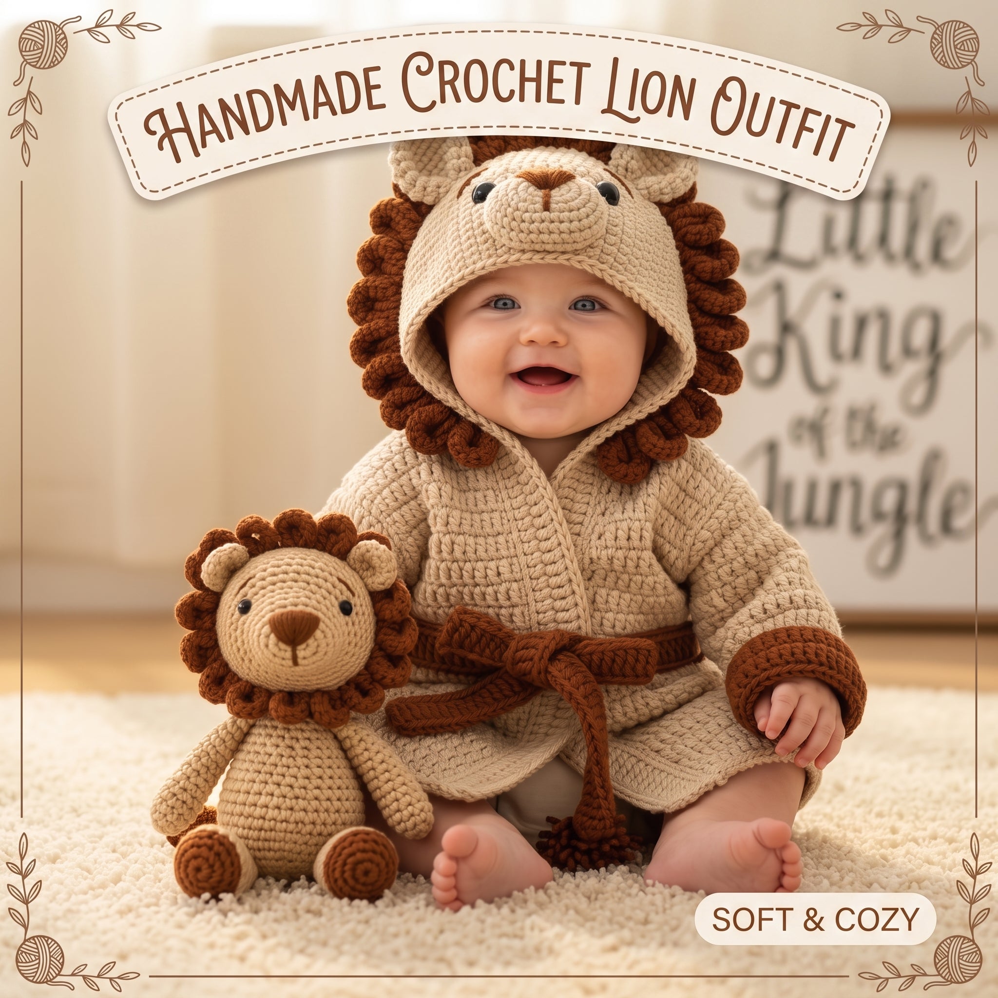 Personalized Crochet Lion Baby Outfit, Handmade Hooded Safari Animal Costume with Tail, Newborn Photo Prop, Baby Shower Gift
