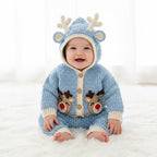 Crochet Reindeer Baby Outfit, Handmade Hooded Cardigan & Pants Set, Newborn Christmas Photo Prop, Baby’s First Christmas Gift