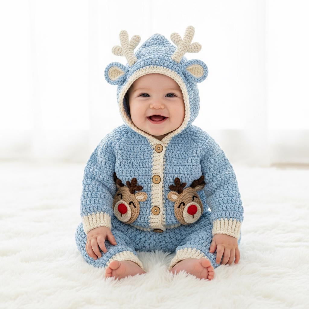 Crochet Reindeer Baby Outfit, Handmade Hooded Cardigan & Pants Set, Newborn Christmas Photo Prop, Baby’s First Christmas Gift