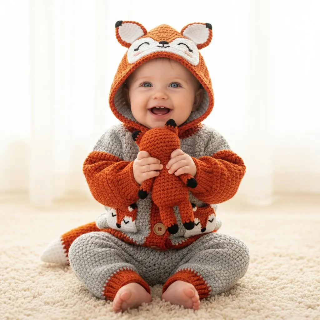 Crochet Fox Baby Outfit Set, Hooded Cardigan and Pants with Tail, Woodland Newborn Photo Prop, Baby Halloween Costume, Baby Shower Gift