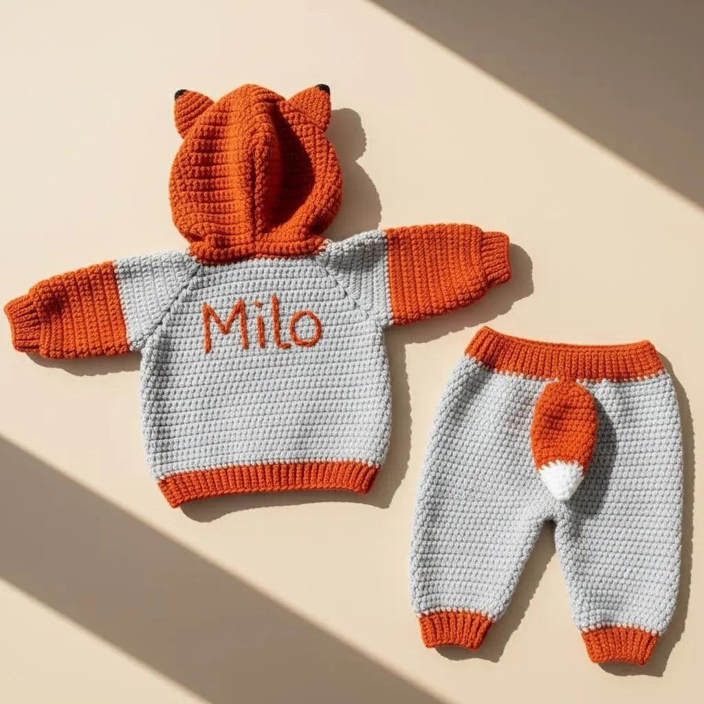 Crochet Fox Baby Outfit Set, Hooded Cardigan and Pants with Tail, Woodland Newborn Photo Prop, Baby Halloween Costume, Baby Shower Gift