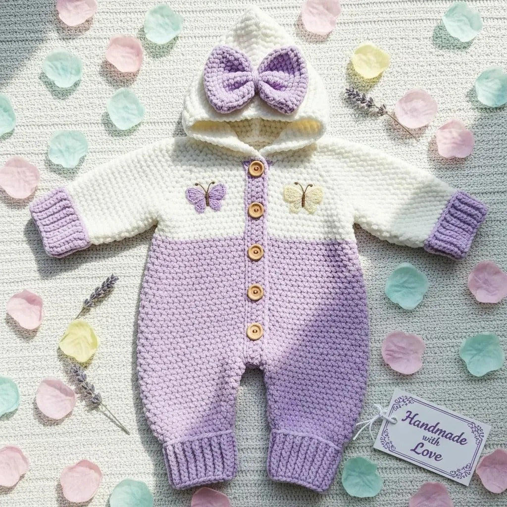 Crochet Baby Romper, Purple Butterfly Hooded Jumpsuit with Bow, Newborn Coming Home Outfit, Baby Girl Photo Prop, Baby Shower Gift