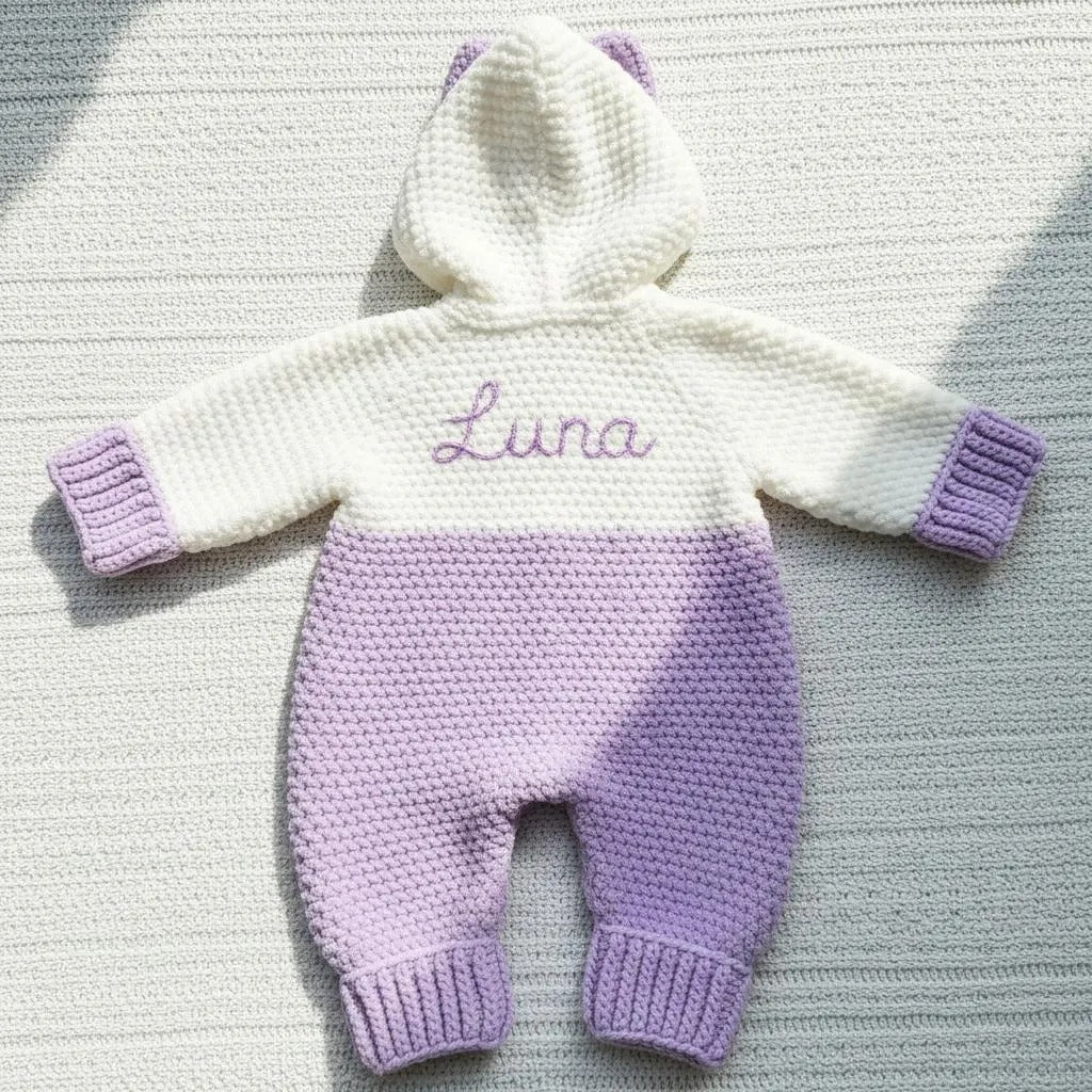 Crochet Baby Romper, Purple Butterfly Hooded Jumpsuit with Bow, Newborn Coming Home Outfit, Baby Girl Photo Prop, Baby Shower Gift