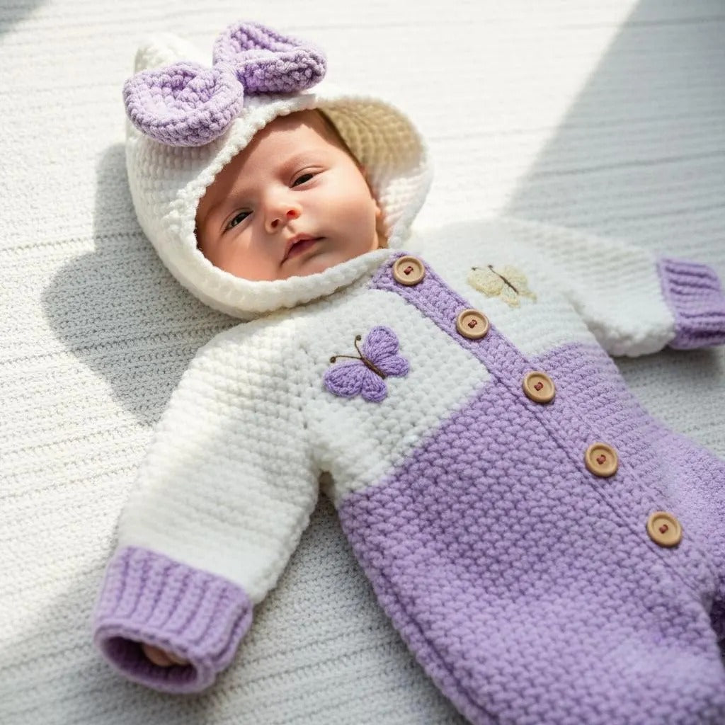Crochet Baby Romper, Purple Butterfly Hooded Jumpsuit with Bow, Newborn Coming Home Outfit, Baby Girl Photo Prop, Baby Shower Gift