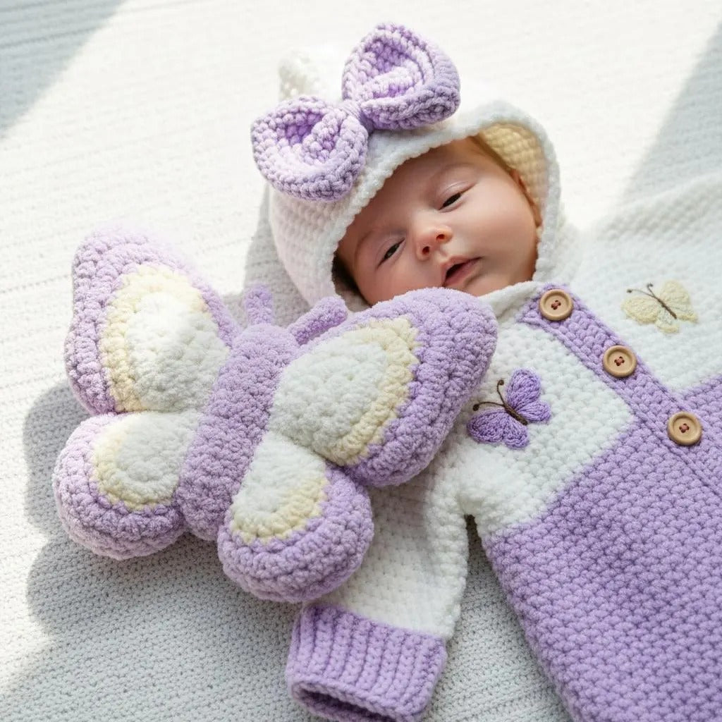 Crochet Baby Romper, Purple Butterfly Hooded Jumpsuit with Bow, Newborn Coming Home Outfit, Baby Girl Photo Prop, Baby Shower Gift