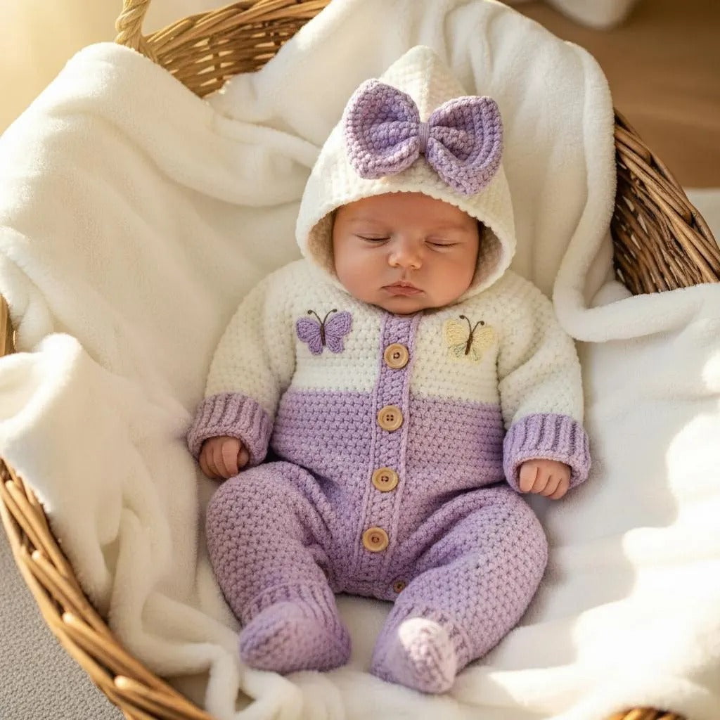 Crochet Baby Romper, Purple Butterfly Hooded Jumpsuit with Bow, Newborn Coming Home Outfit, Baby Girl Photo Prop, Baby Shower Gift