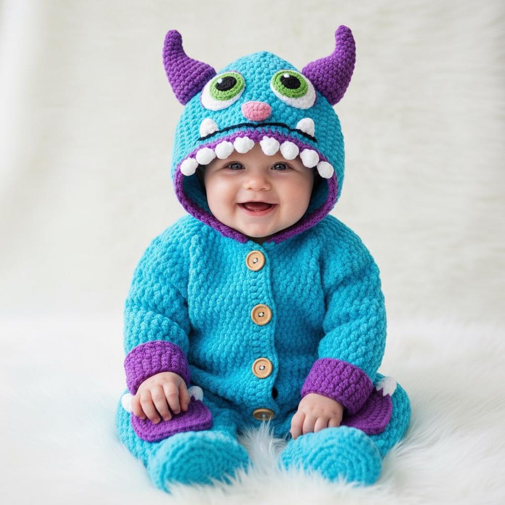 Crochet Blue Monster Baby Outfit, Hooded Romper with Horns, Newborn Halloween Costume, Infant Photo Prop, Baby Shower Gift