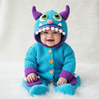 Crochet Blue Monster Baby Outfit, Hooded Romper with Horns, Newborn Halloween Costume, Infant Photo Prop, Baby Shower Gift