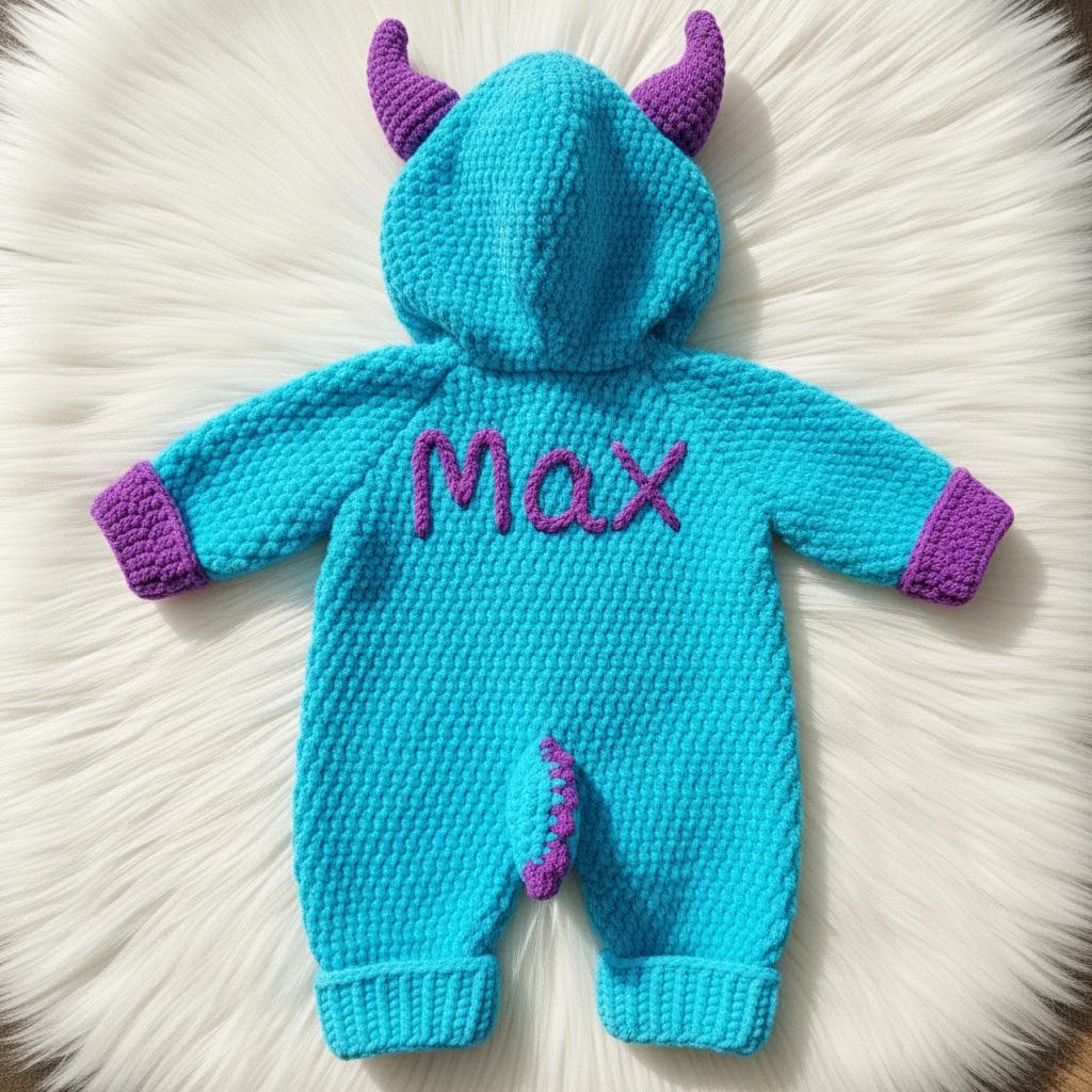 Crochet Blue Monster Baby Outfit, Hooded Romper with Horns, Newborn Halloween Costume, Infant Photo Prop, Baby Shower Gift