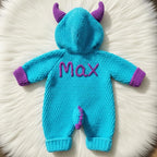 Crochet Blue Monster Baby Outfit, Hooded Romper with Horns, Newborn Halloween Costume, Infant Photo Prop, Baby Shower Gift