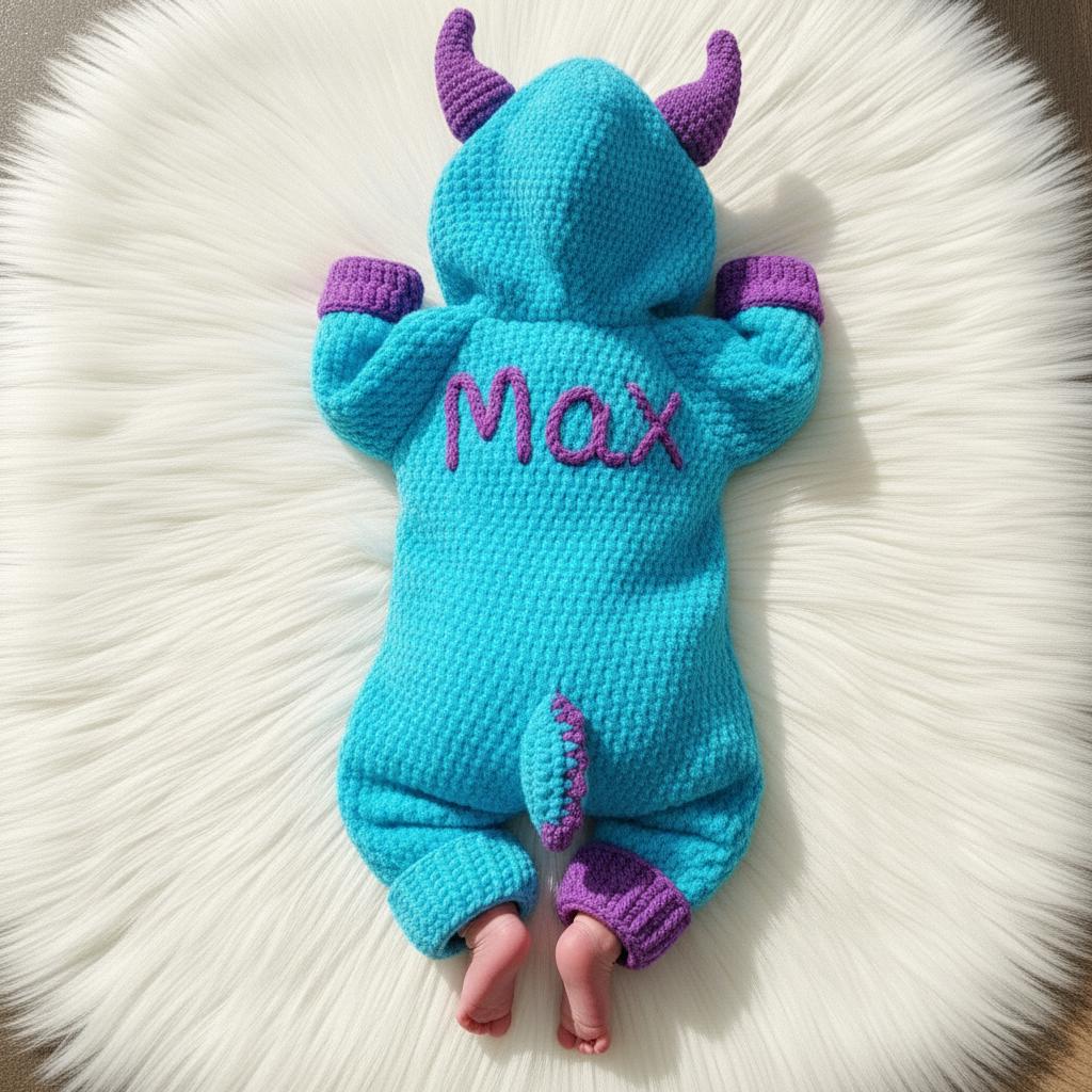 Crochet Blue Monster Baby Outfit, Hooded Romper with Horns, Newborn Halloween Costume, Infant Photo Prop, Baby Shower Gift