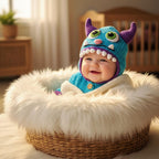 Crochet Blue Monster Baby Outfit, Hooded Romper with Horns, Newborn Halloween Costume, Infant Photo Prop, Baby Shower Gift