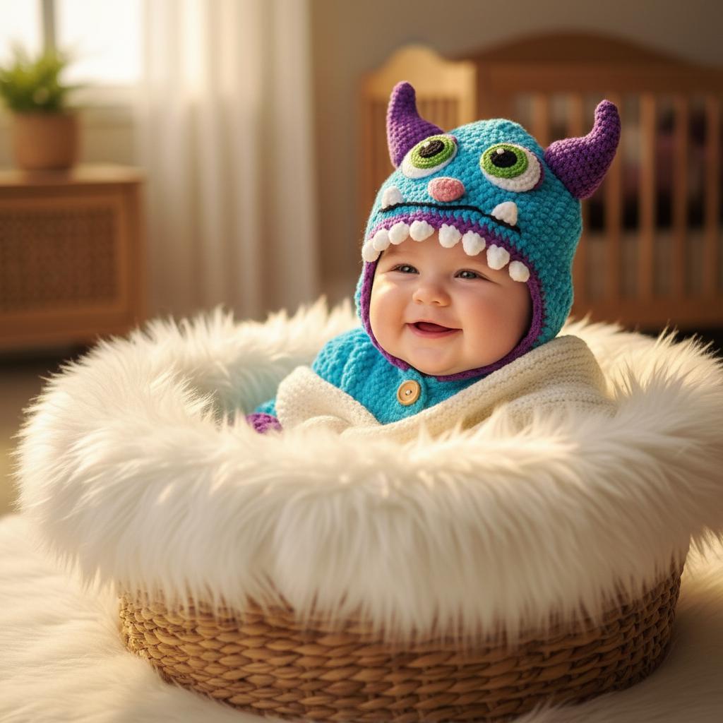 Crochet Blue Monster Baby Outfit, Hooded Romper with Horns, Newborn Halloween Costume, Infant Photo Prop, Baby Shower Gift