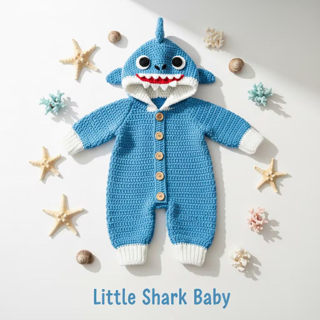 Crochet Shark Baby Outfit, Blue Hooded Romper, Newborn Photo Prop, Infant Halloween Costume, Ocean Theme Baby Shower Gift