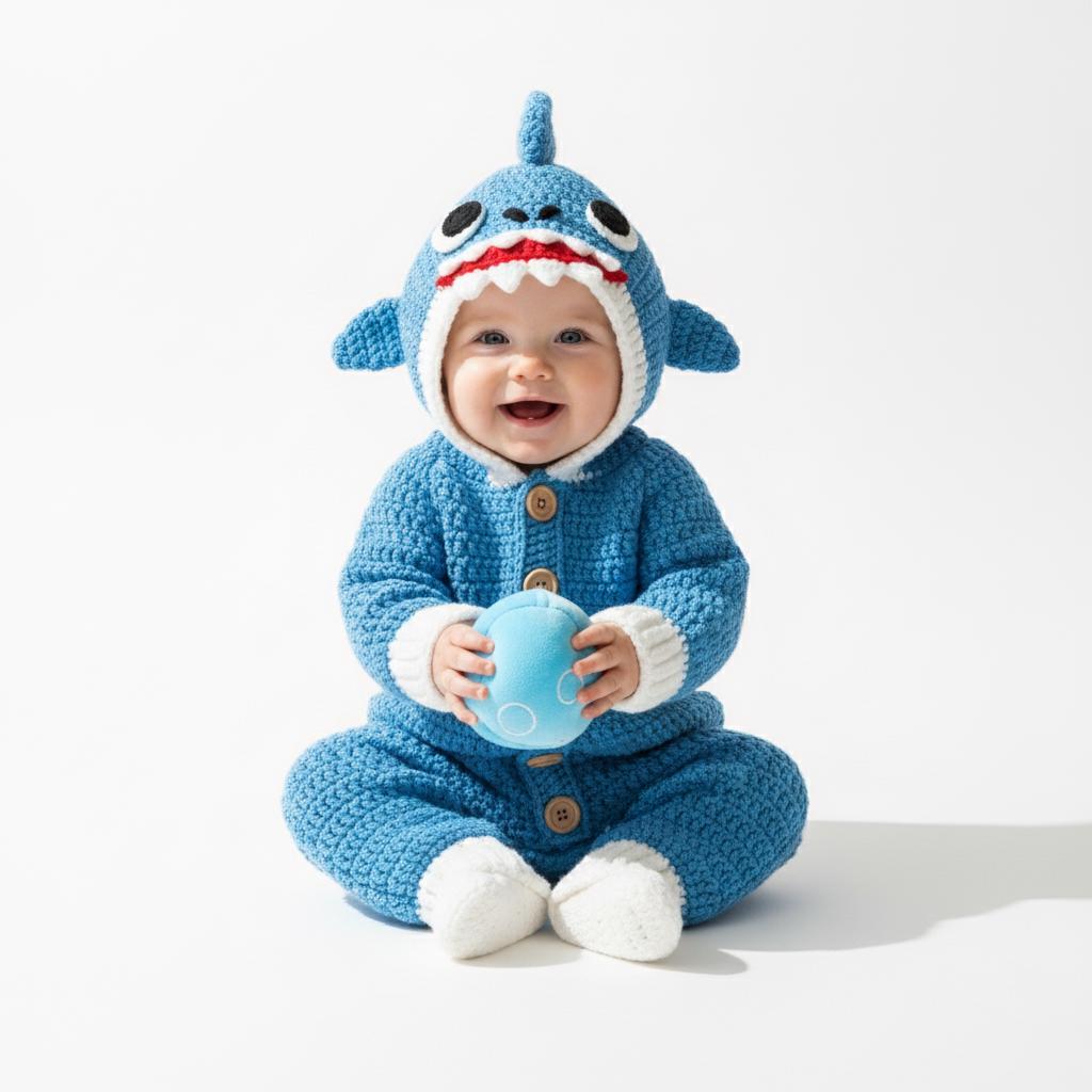 Crochet Shark Baby Outfit, Blue Hooded Romper, Newborn Photo Prop, Infant Halloween Costume, Ocean Theme Baby Shower Gift