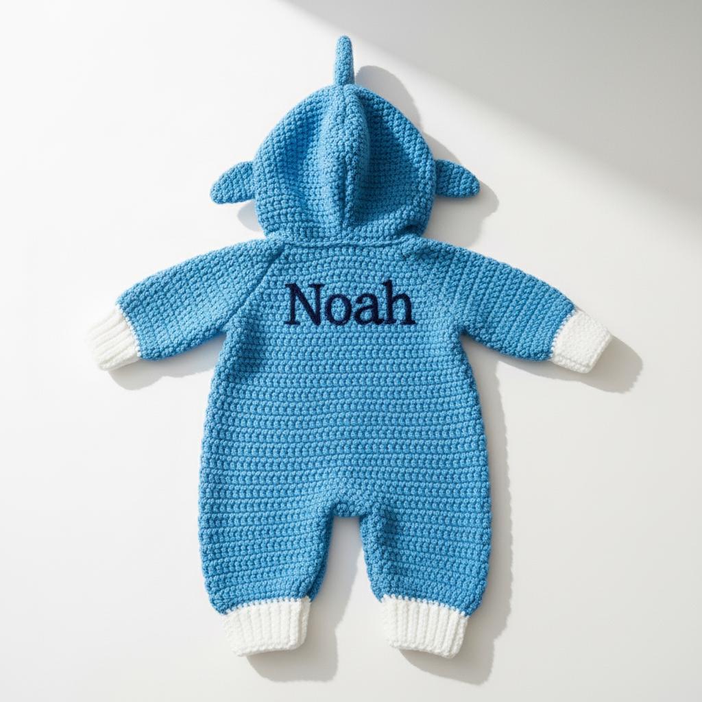 Crochet Shark Baby Outfit, Blue Hooded Romper, Newborn Photo Prop, Infant Halloween Costume, Ocean Theme Baby Shower Gift