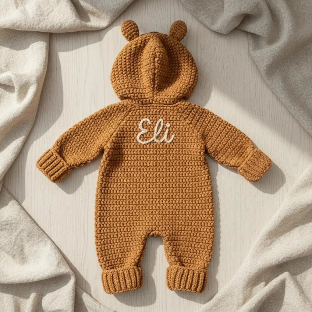 Personalized Crochet Squirrel Baby Romper, Woodland Hooded Animal Outfit, Newborn Photo Prop, Fall Baby Costume, Shower Gift