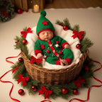 Crochet Christmas Elf Baby Outfit, Green Cardigan Pants and Hat Set, Newborn Photo Prop, First Christmas Costume, Holiday Baby Gift