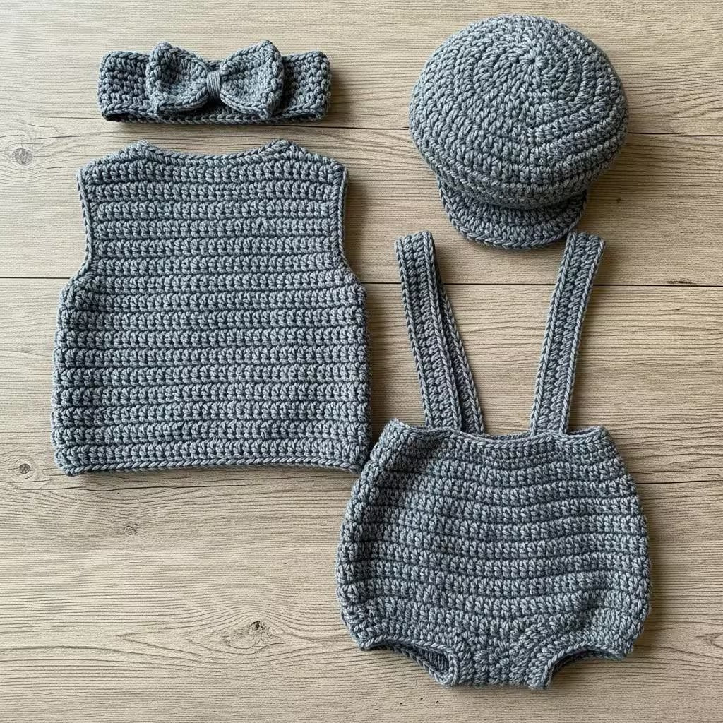 Crochet Baby Outfit, Newsboy Cap, Vest, Suspender Bloomers and Bow Headband, Newborn Photo Prop, Coming Home Outfit, Baby Shower Gift