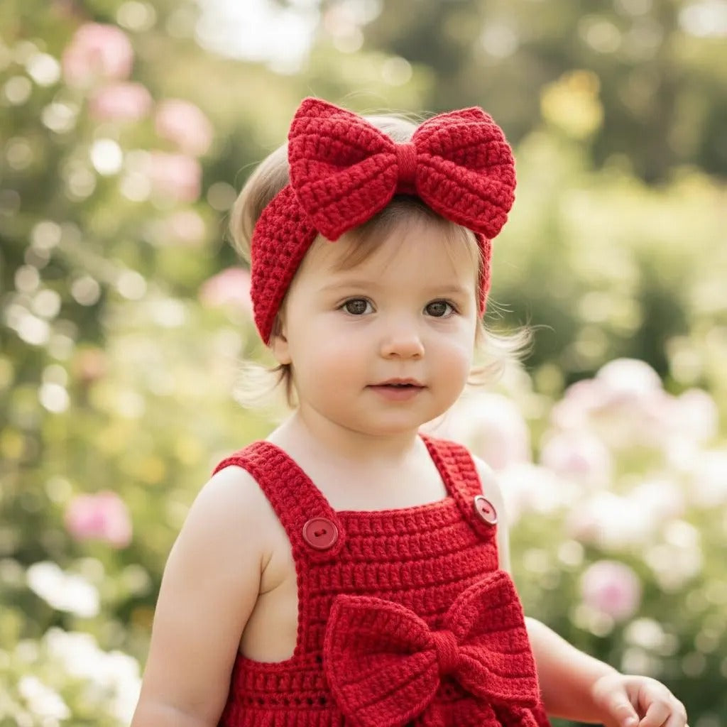Handmade Crochet Christmas Baby Dress, Red Newborn Outfit with Bow Headband & Booties, Baby’s First Christmas Photo Prop Gift