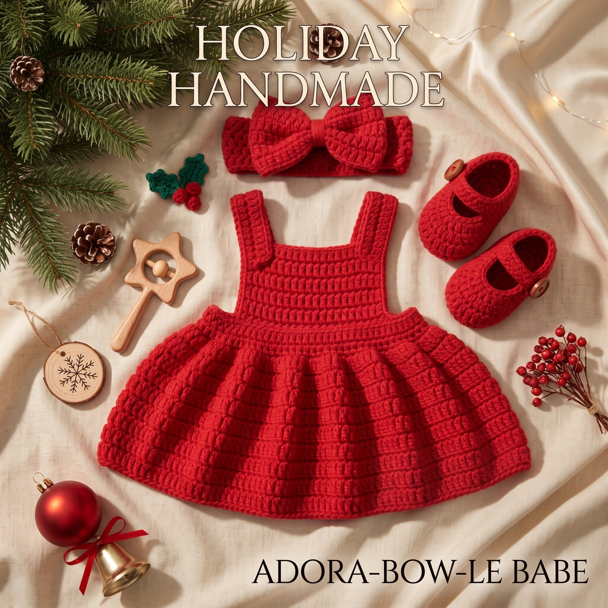 Handmade Crochet Christmas Baby Dress, Red Newborn Outfit with Bow Headband & Booties, Baby’s First Christmas Photo Prop Gift