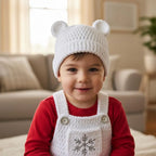 Crochet Baby Christmas Outfit, White Snowflake Overalls and Bear Ear Hat, Newborn Photo Prop, Winter Baby Outfit, First Christmas Gift