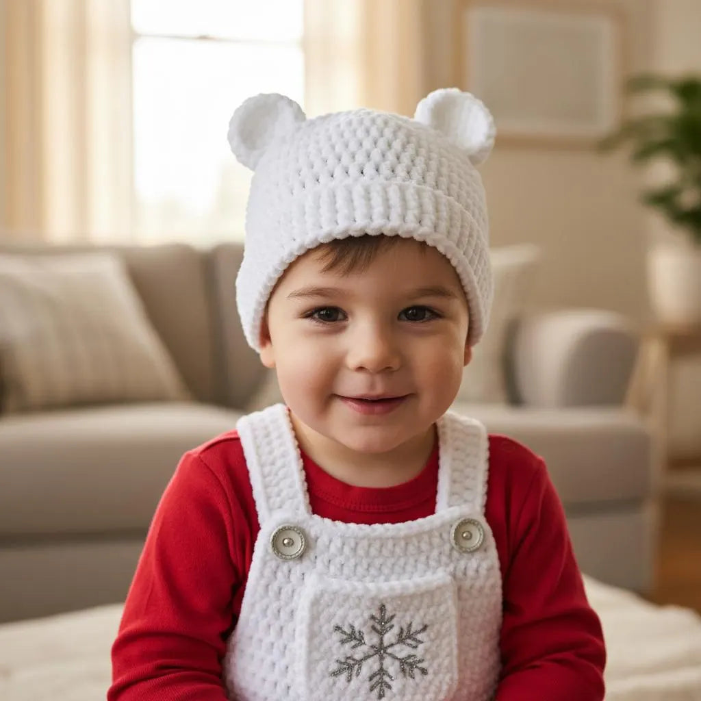 Crochet Baby Christmas Outfit, White Snowflake Overalls and Bear Ear Hat, Newborn Photo Prop, Winter Baby Outfit, First Christmas Gift