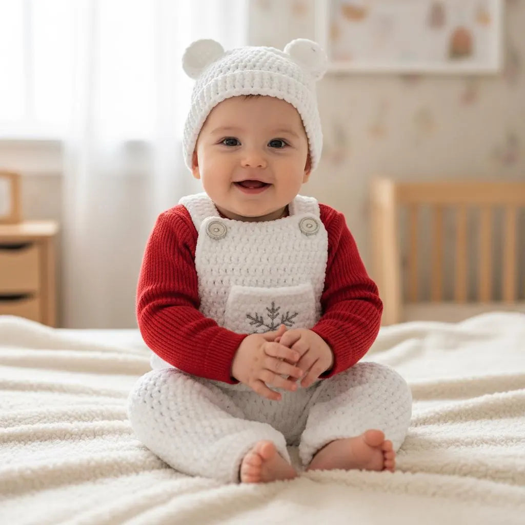 Crochet Baby Christmas Outfit, White Snowflake Overalls and Bear Ear Hat, Newborn Photo Prop, Winter Baby Outfit, First Christmas Gift