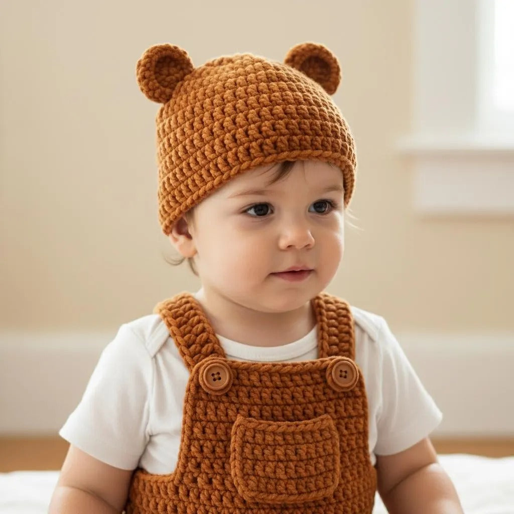 Handmade Crochet Teddy Bear Baby Outfit, Brown Overalls & Bear Ear Hat Set, Newborn Photo Prop, Coming Home Outfit, Baby Shower Gift