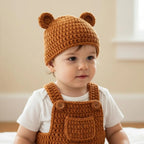 Handmade Crochet Teddy Bear Baby Outfit, Brown Overalls & Bear Ear Hat Set, Newborn Photo Prop, Coming Home Outfit, Baby Shower Gift