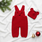 Handmade Crochet Christmas Baby Outfit, Red Overalls & Bear Ear Pompom Hat Set, Newborn Photo Prop, Baby’s First Christmas Gift