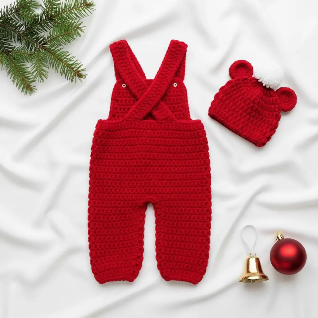 Handmade Crochet Christmas Baby Outfit, Red Overalls & Bear Ear Pompom Hat Set, Newborn Photo Prop, Baby’s First Christmas Gift