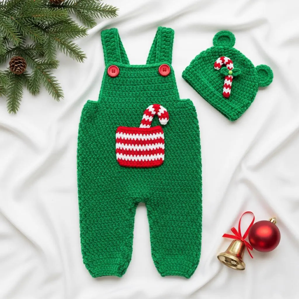 Crochet Christmas Baby Outfit, Green Candy Cane Romper and Hat, Newborn Photo Prop, First Christmas Outfit, Handmade Baby Gift