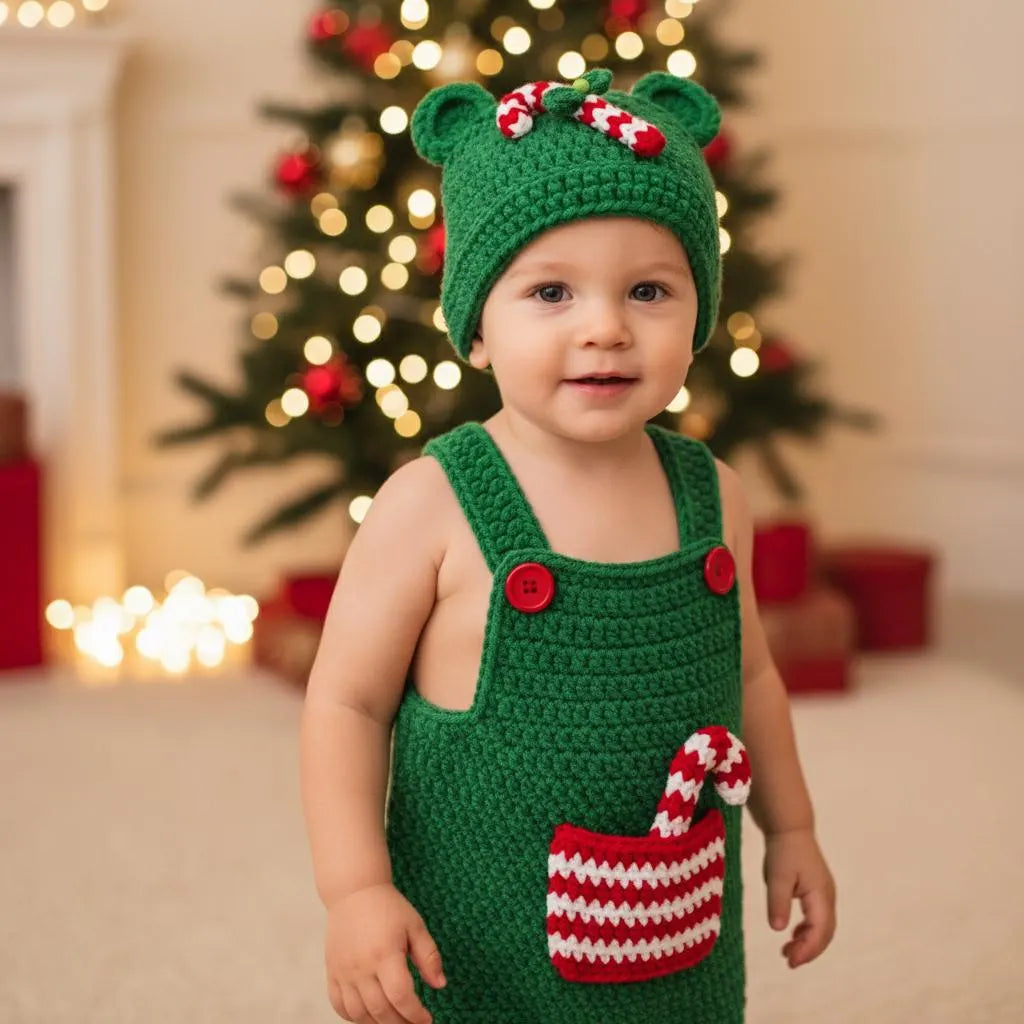 Crochet Christmas Baby Outfit, Green Candy Cane Romper and Hat, Newborn Photo Prop, First Christmas Outfit, Handmade Baby Gift