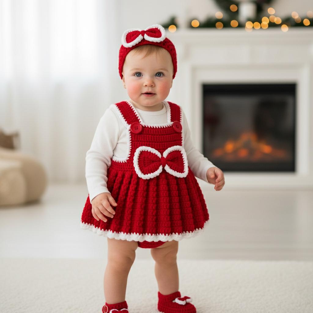 Crochet Christmas Baby Outfit, Red Baby Girl Dress Set with Headband and Booties, Newborn Photo Prop, First Christmas Gift