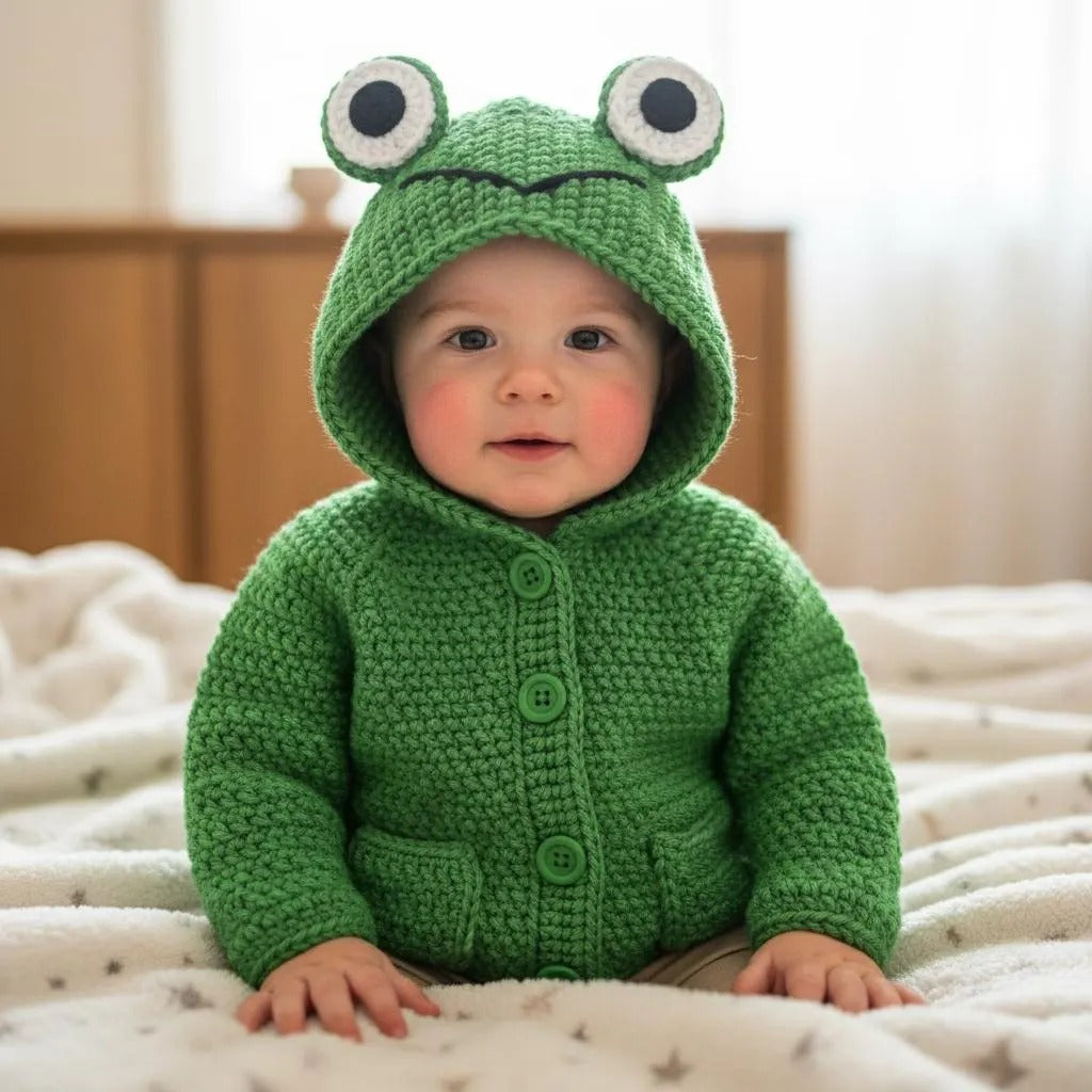 Adorable Crochet Frog Baby Outfit, Handmade Hooded Cardigan Sweater, Newborn Photo Prop, Halloween Costume, Baby Shower Gift