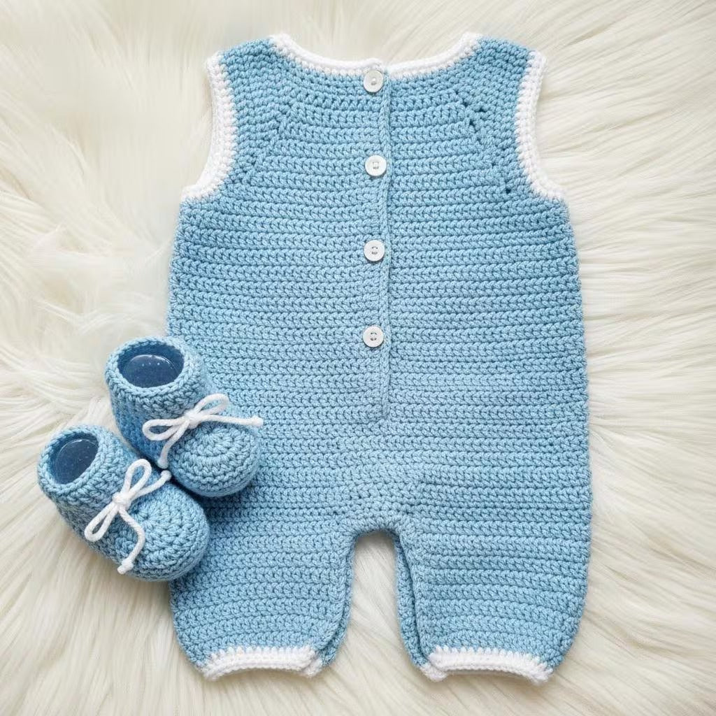 Handmade Crochet Baby Romper & Booties Set, Blue Newborn Coming Home Outfit, Baby Boy Photo Prop, Baby Shower Gift