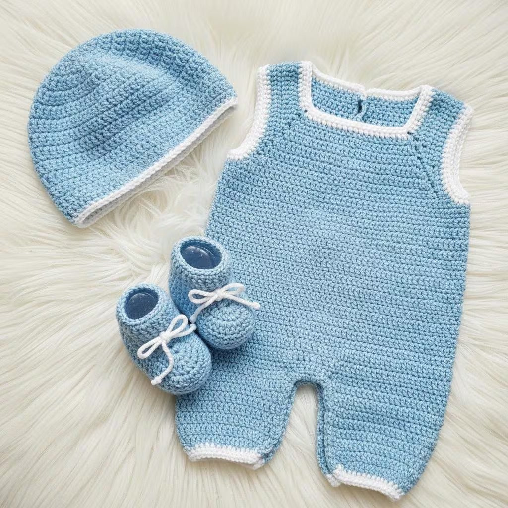 Handmade Crochet Baby Romper & Booties Set, Blue Newborn Coming Home Outfit, Baby Boy Photo Prop, Baby Shower Gift