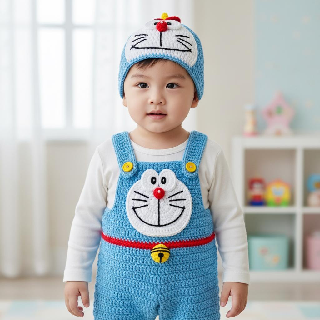 Crochet Blue Robot Cat Baby Outfit, Romper, Hat and Booties Set, Newborn Photo Prop, Anime Baby Costume, Baby Shower Gift