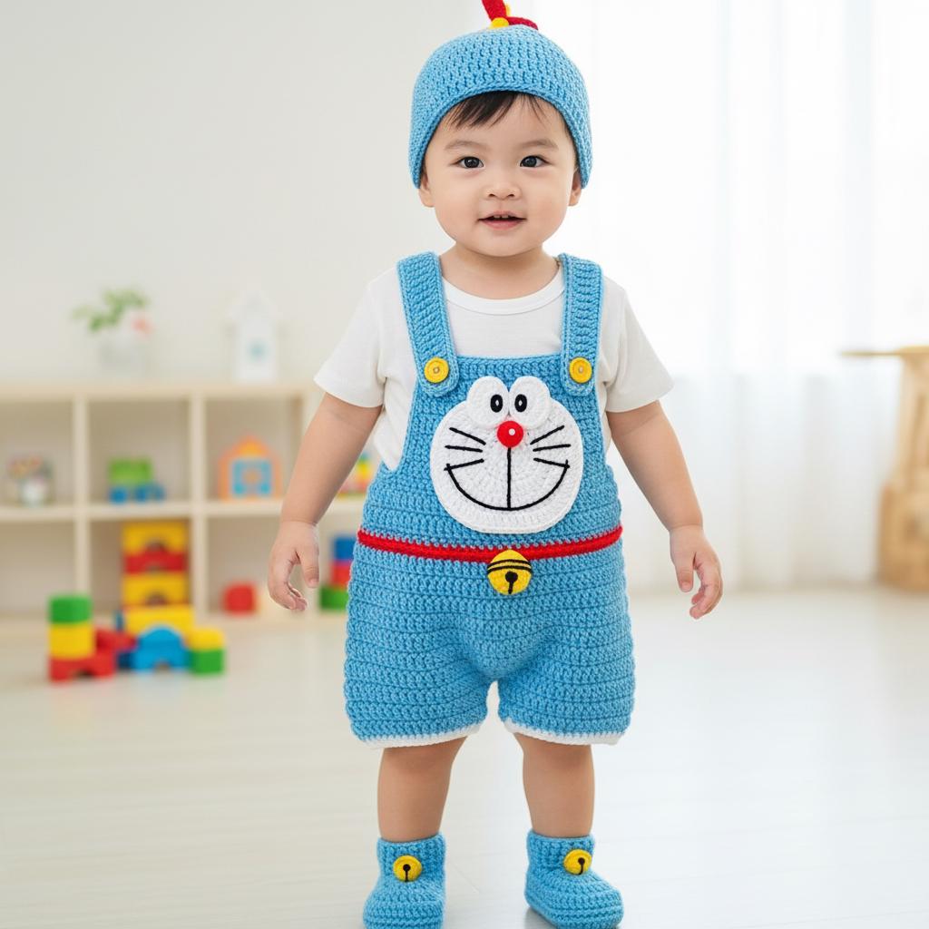 Crochet Blue Robot Cat Baby Outfit, Romper, Hat and Booties Set, Newborn Photo Prop, Anime Baby Costume, Baby Shower Gift
