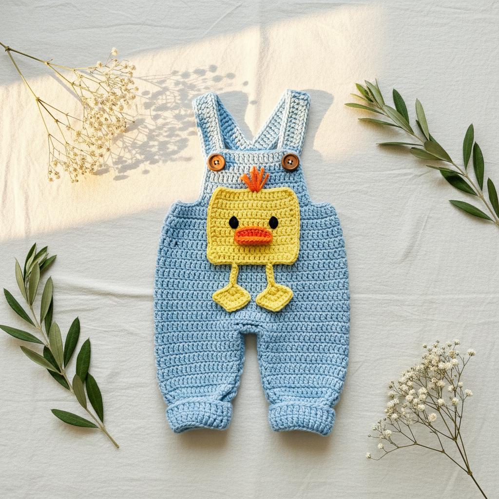 Crochet Duck Baby Romper, Handmade Blue Baby Overalls, Newborn Photo Prop, Easter Baby Outfit, Baby Shower Gift