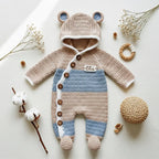 Crochet Bear Baby Romper, Personalized Hooded Newborn Outfit, Baby Coming Home Outfit, Newborn Photo Prop, Baby Shower Gift