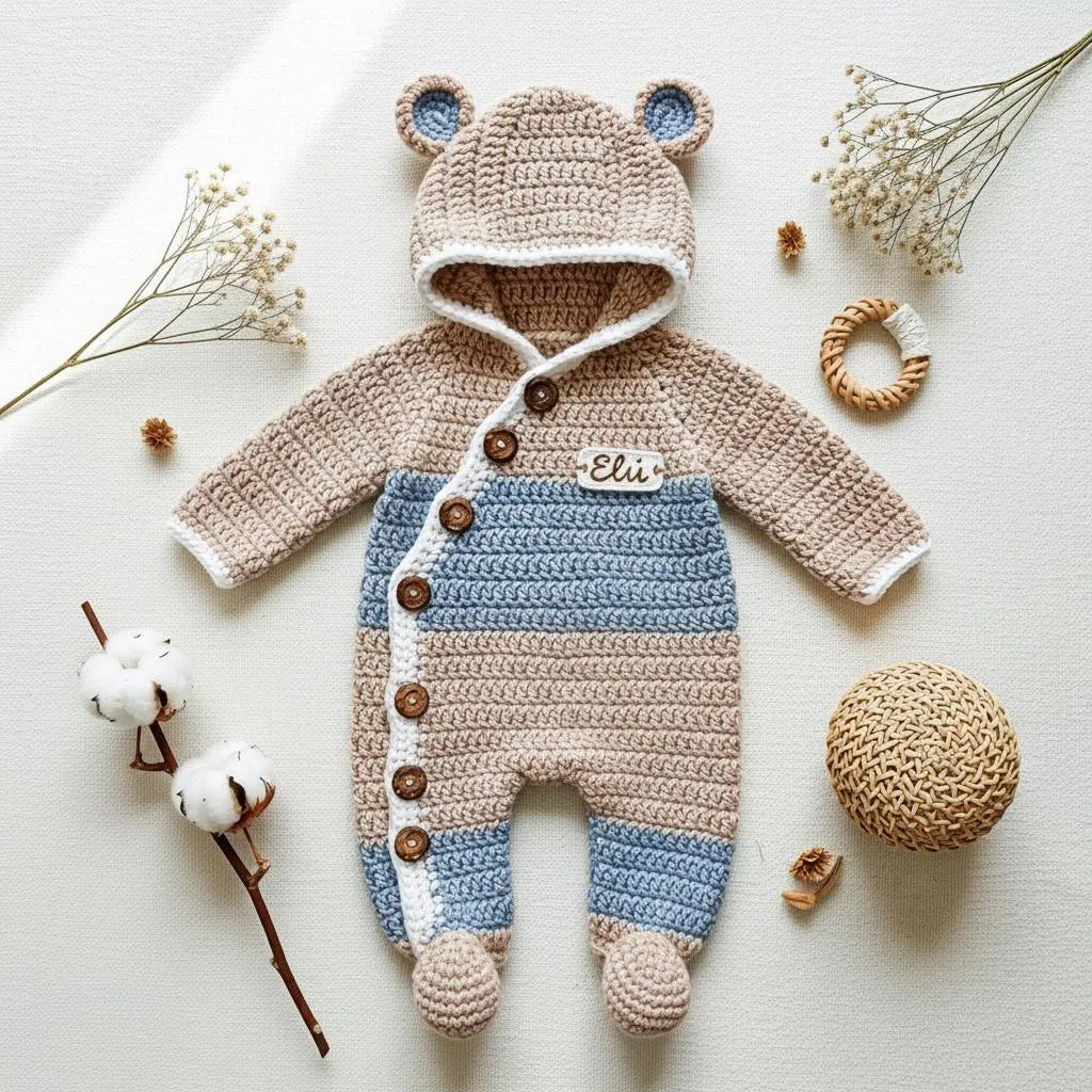 Crochet Bear Baby Romper, Personalized Hooded Newborn Outfit, Baby Coming Home Outfit, Newborn Photo Prop, Baby Shower Gift