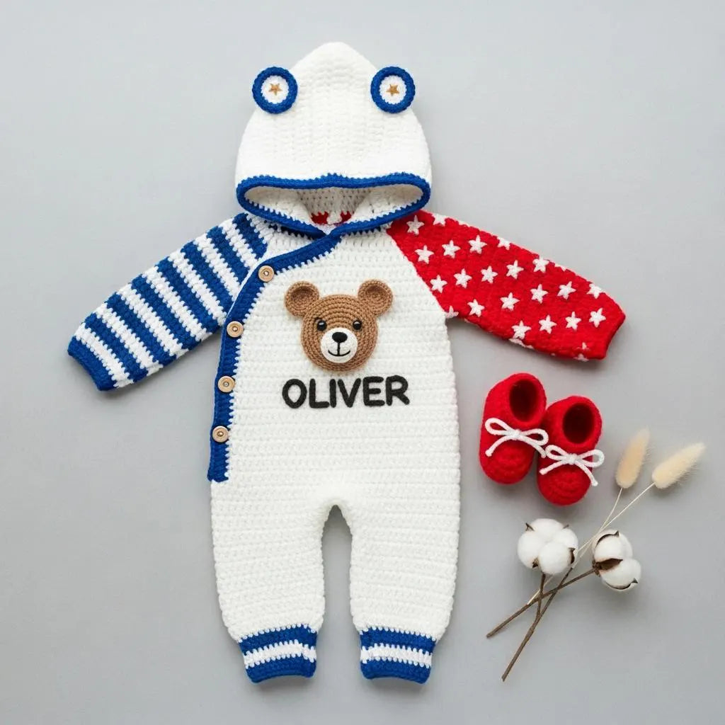 Personalized 4th of July Baby Outfit, Crochet American Flag Romper with Shark Hood, Newborn Photo Prop, First Fourth of July Gift