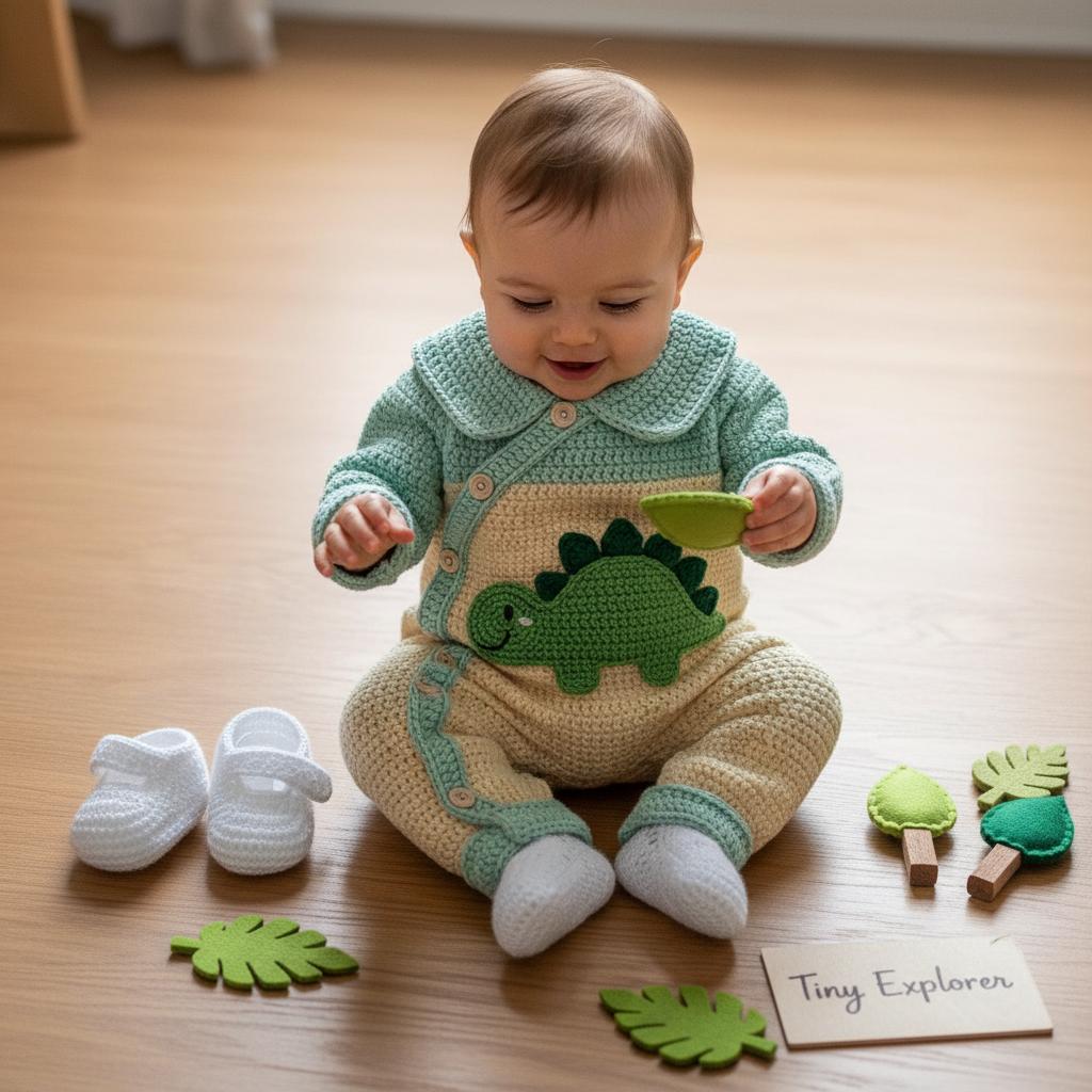 Crochet Dinosaur Baby Romper Set, Mint Green Stegosaurus Outfit with Booties, Newborn Photo Prop, Coming Home Outfit, Baby Shower Gift