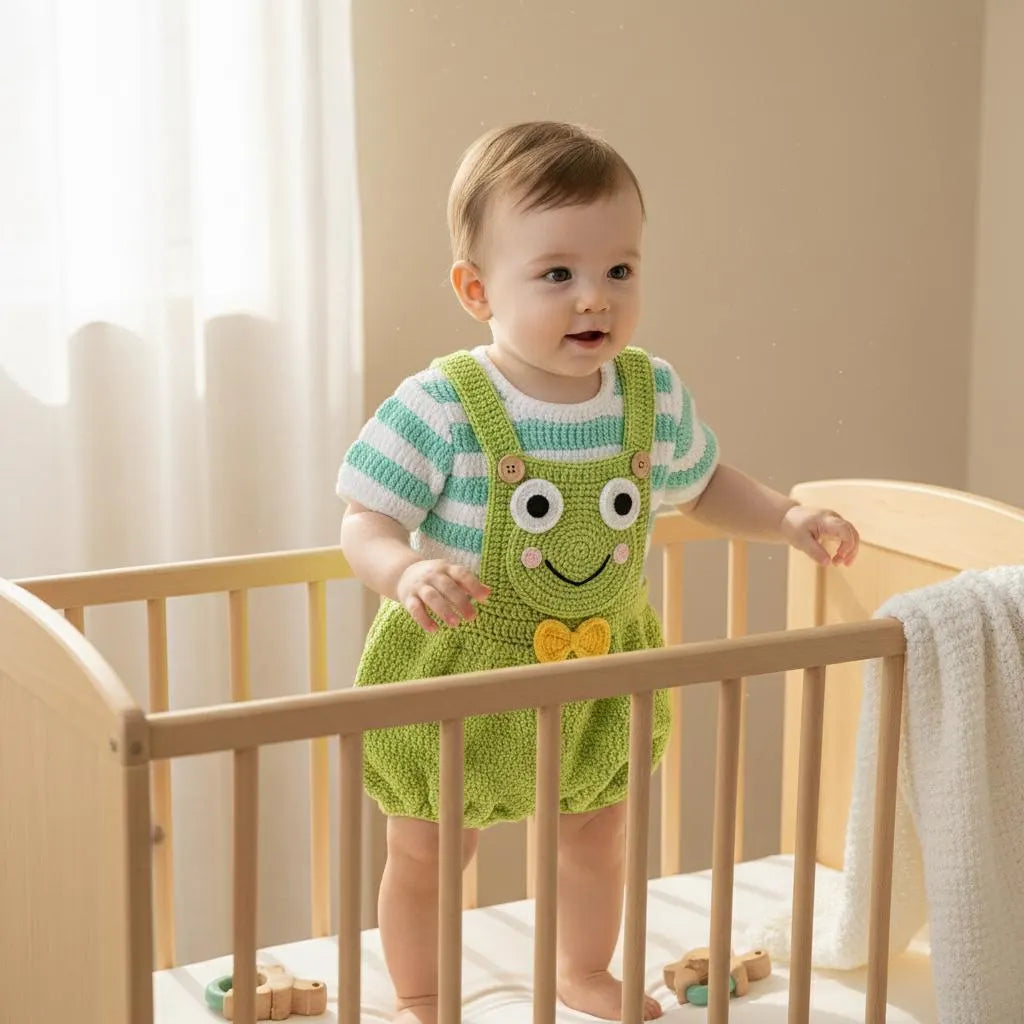 Crochet Frog Baby Outfit, Green Frog Romper and Striped Shirt, Newborn Photo Prop, Coming Home Outfit, Baby Shower Gift