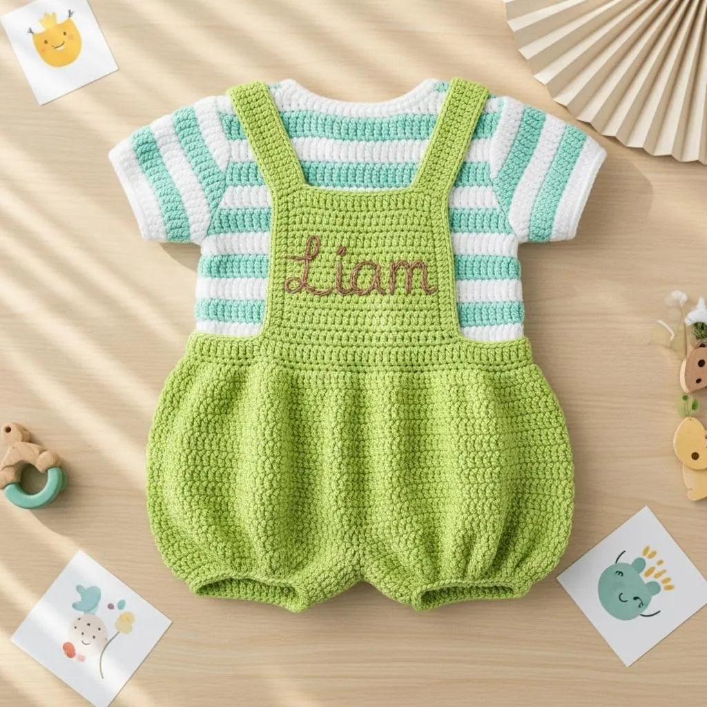Crochet Frog Baby Outfit, Green Frog Romper and Striped Shirt, Newborn Photo Prop, Coming Home Outfit, Baby Shower Gift