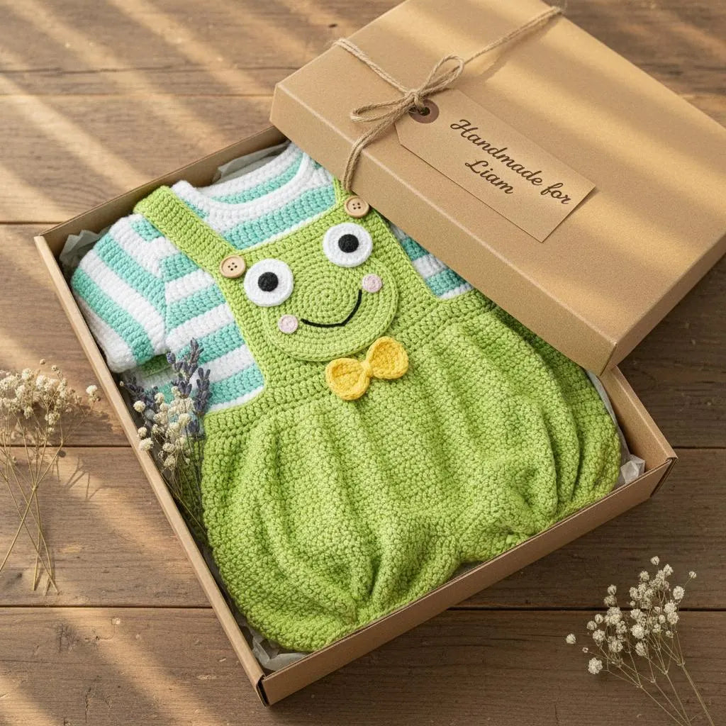 Crochet Frog Baby Outfit, Green Frog Romper and Striped Shirt, Newborn Photo Prop, Coming Home Outfit, Baby Shower Gift