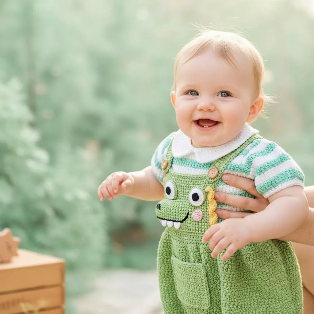 Crochet Dinosaur Baby Outfit, Handmade Green Dino Romper and Striped Shirt, Newborn Photo Prop, Coming Home Outfit, Baby Shower Gift