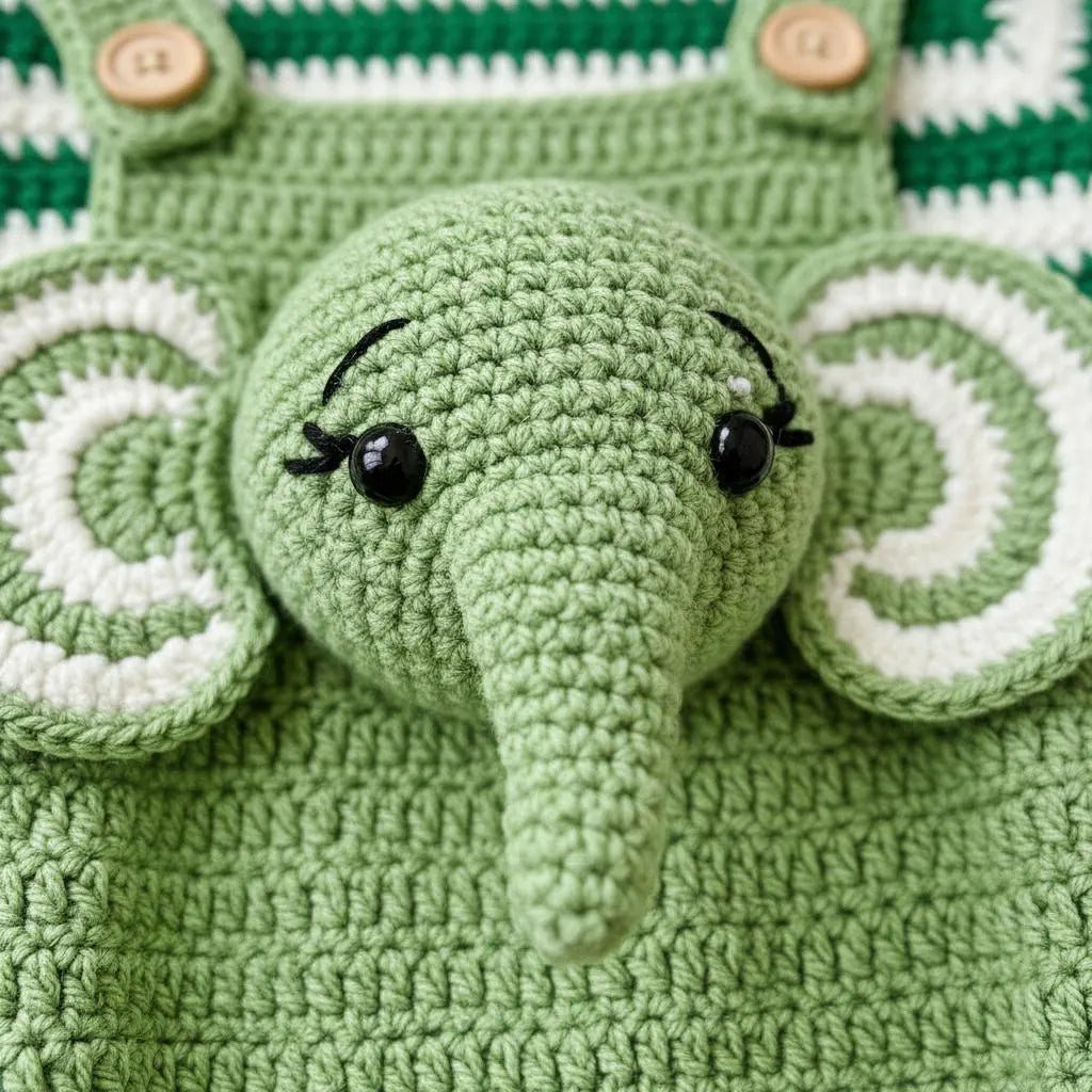 Crochet Elephant Baby Outfit, Handmade Green Romper and Striped Shirt, Newborn Photo Prop, Coming Home Outfit, Baby Shower Gift
